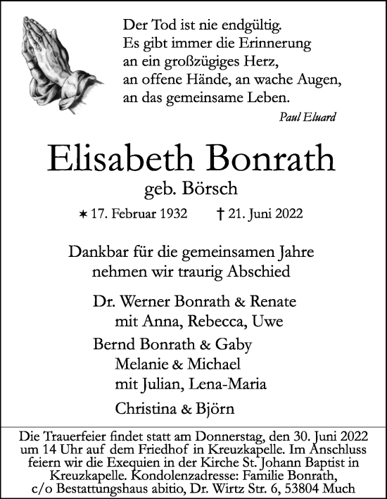 Anzeige von Elisabeth Bonrath von Kölner Stadt-Anzeiger / Kölnische Rundschau / Express