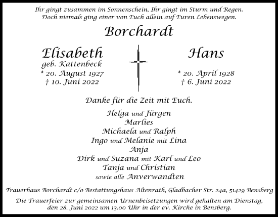 Anzeige von Elisabeth Borchardt von Kölner Stadt-Anzeiger / Kölnische Rundschau / Express
