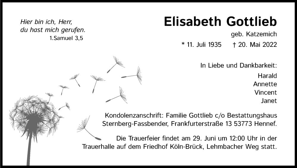 Traueranzeige für Elisabeth Gottlieb vom 22.06.2022 aus Kölner Stadt-Anzeiger / Kölnische Rundschau / Express