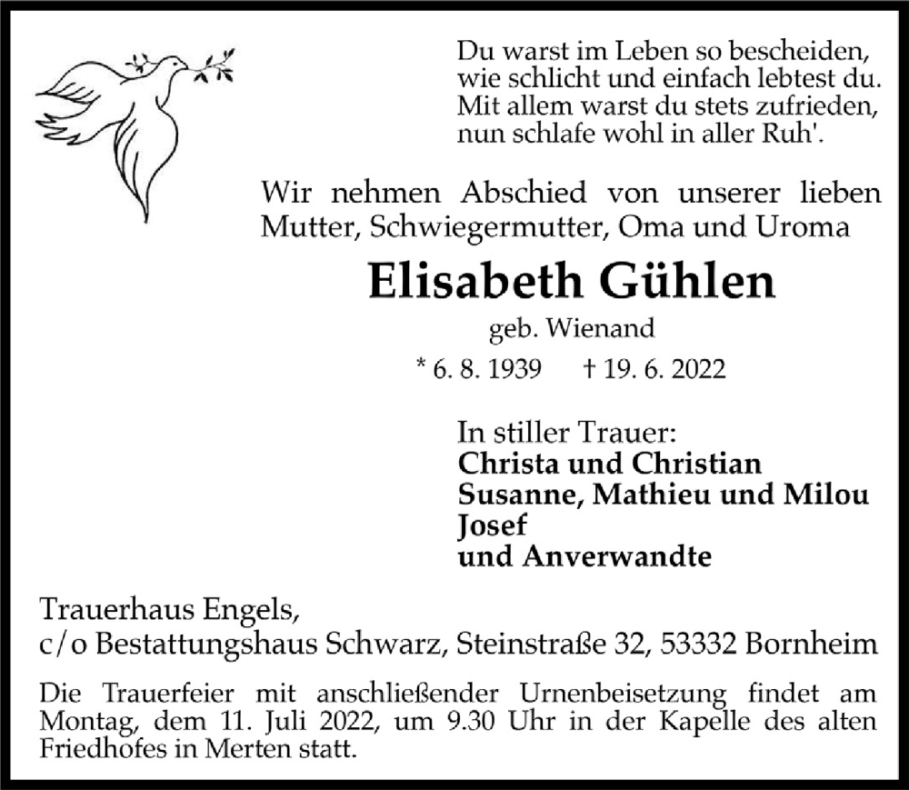  Traueranzeige für Elisabeth Gühlen vom 24.06.2022 aus  Schlossbote/Werbekurier 
