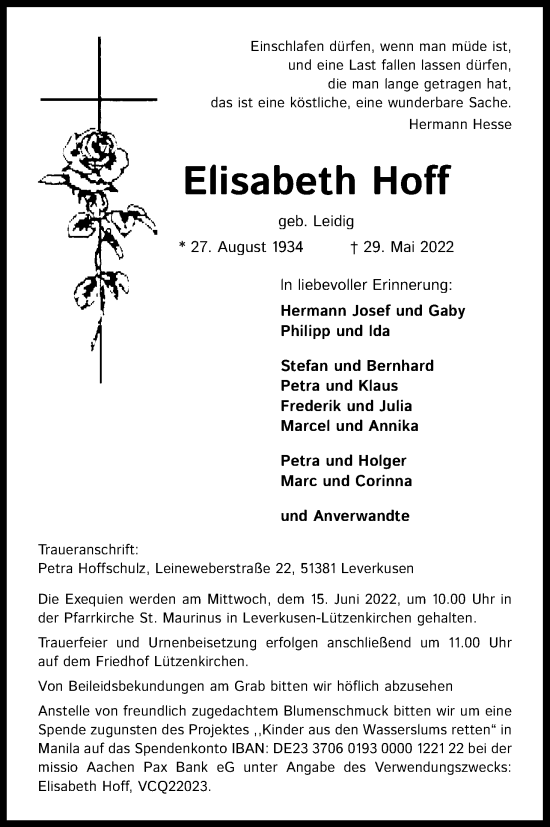 Anzeige von Elisabeth Hoff von Kölner Stadt-Anzeiger / Kölnische Rundschau / Express