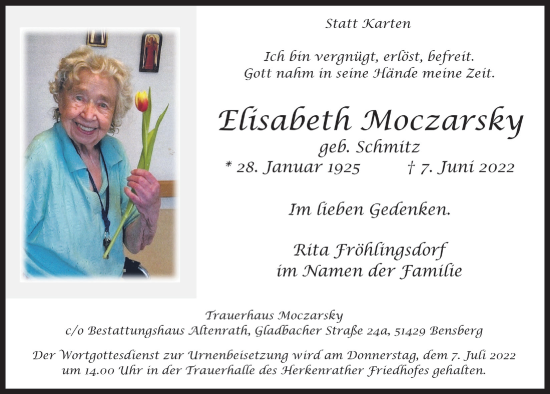 Anzeige von Elisabeth Moczarsky von  Bergisches Handelsblatt 