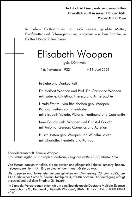 Anzeige von Elisabeth Woopen von Kölner Stadt-Anzeiger / Kölnische Rundschau / Express