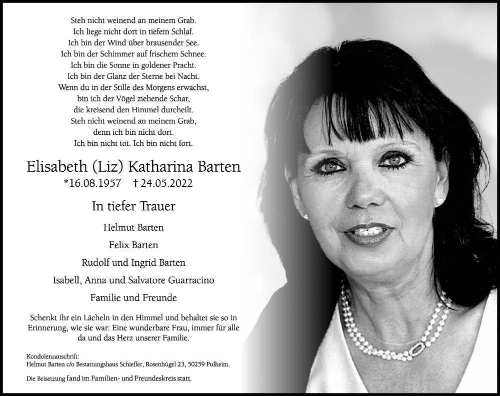  Traueranzeige für Elisabeth Katharina Barten vom 03.06.2022 aus Kölner Stadt-Anzeiger / Kölnische Rundschau / Express