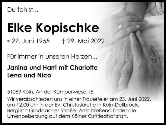 Anzeige von Elke Kopischke von Kölner Stadt-Anzeiger / Kölnische Rundschau / Express