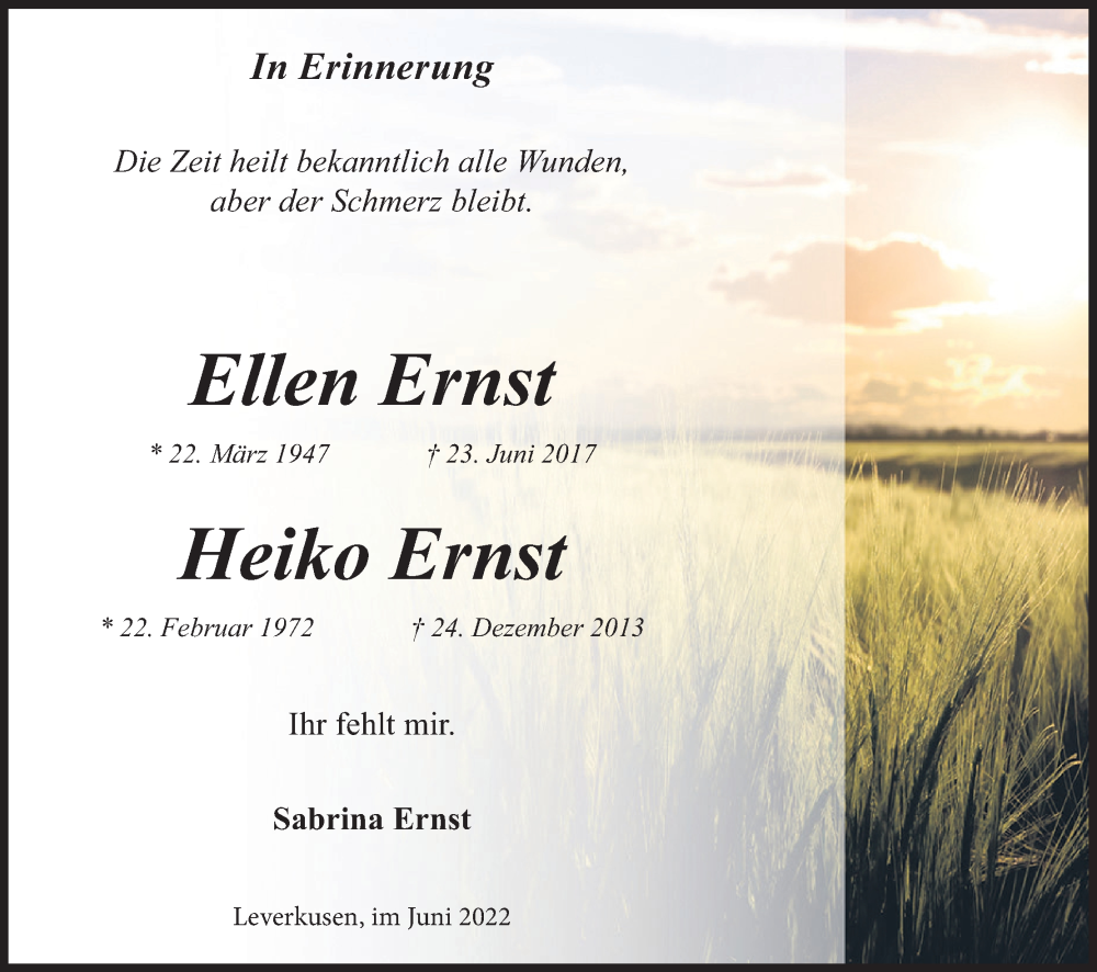  Traueranzeige für Ellen Ernst vom 23.06.2022 aus Kölner Stadt-Anzeiger / Kölnische Rundschau / Express