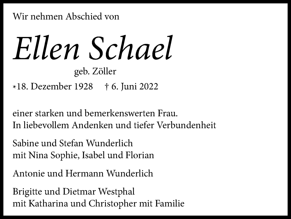  Traueranzeige für Ellen Schael vom 18.06.2022 aus Kölner Stadt-Anzeiger / Kölnische Rundschau / Express