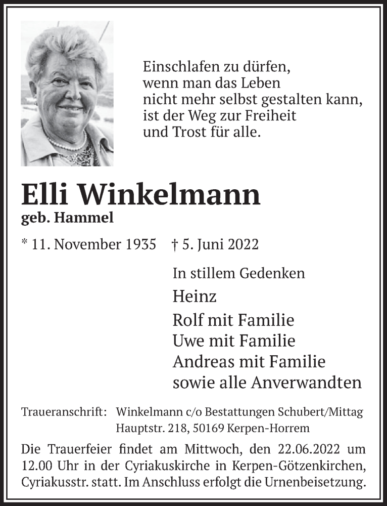  Traueranzeige für Elli Winkelmann vom 17.06.2022 aus  Werbepost 