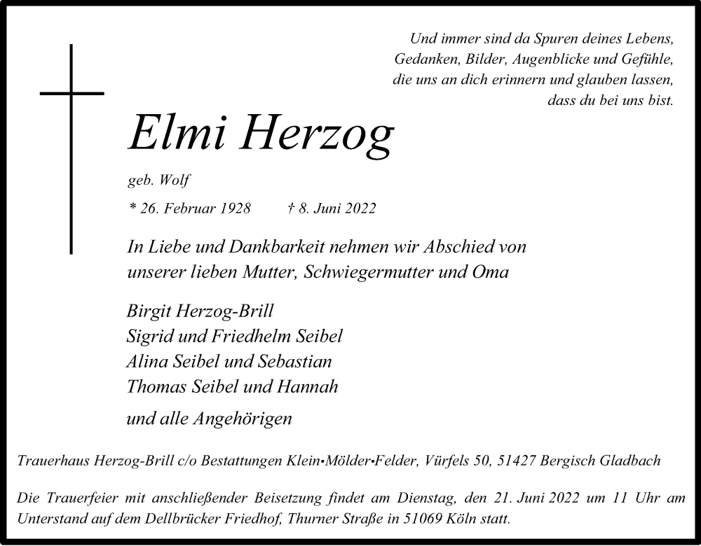  Traueranzeige für Elmi Herzog vom 18.06.2022 aus Kölner Stadt-Anzeiger / Kölnische Rundschau / Express