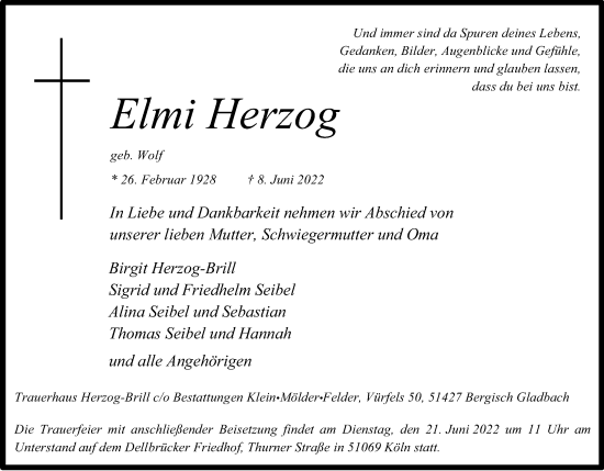 Anzeige von Elmi Herzog von Kölner Stadt-Anzeiger / Kölnische Rundschau / Express