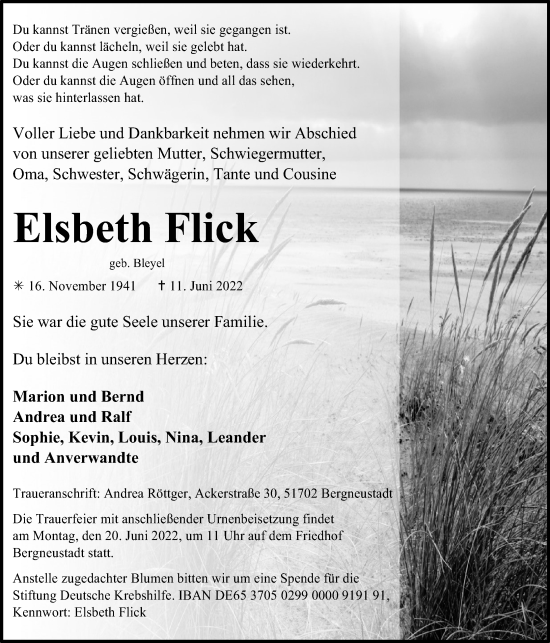 Anzeige von Elsbeth Flick von Kölner Stadt-Anzeiger / Kölnische Rundschau / Express