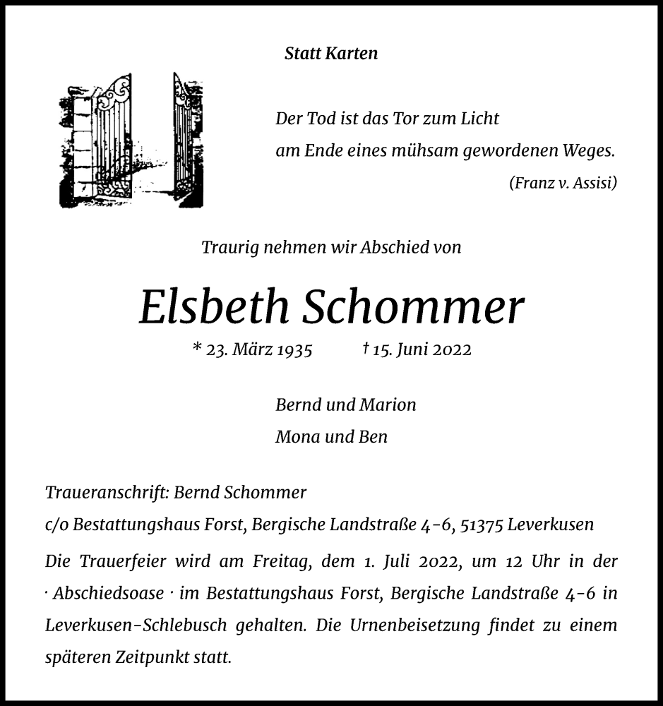  Traueranzeige für Elsbeth Schommer vom 25.06.2022 aus Kölner Stadt-Anzeiger / Kölnische Rundschau / Express