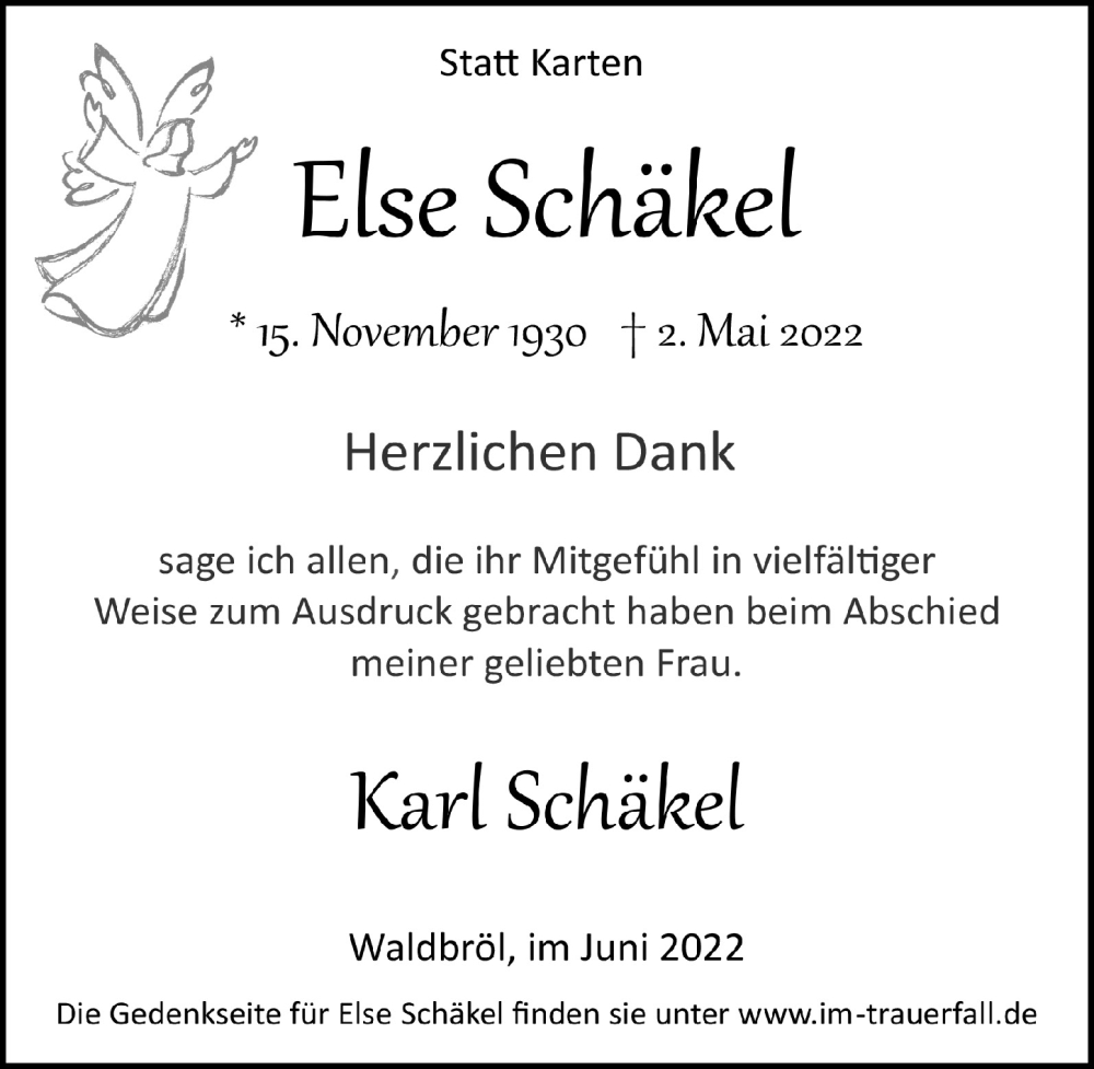  Traueranzeige für Else Schäkel vom 17.06.2022 aus  Lokalanzeiger 