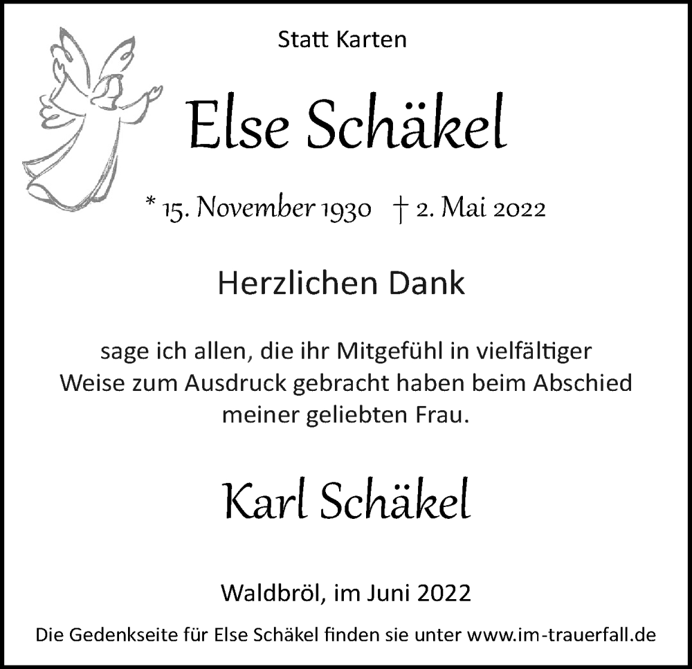  Traueranzeige für Else Schäkel vom 18.06.2022 aus Kölner Stadt-Anzeiger / Kölnische Rundschau / Express