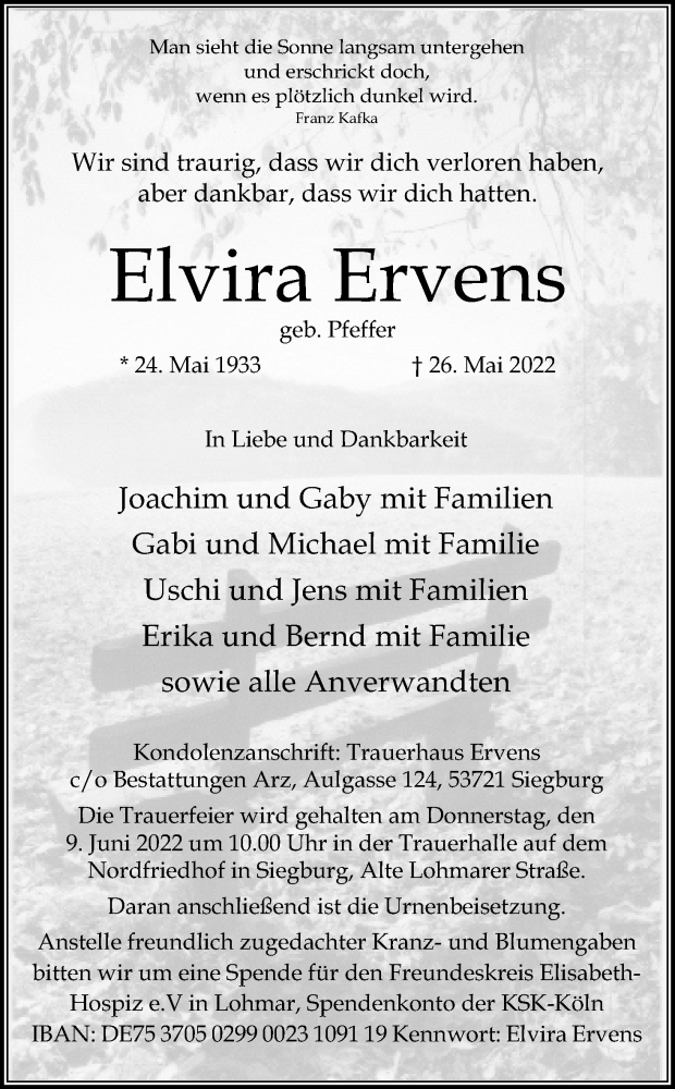  Traueranzeige für Elvira Ervens vom 04.06.2022 aus Kölner Stadt-Anzeiger / Kölnische Rundschau / Express