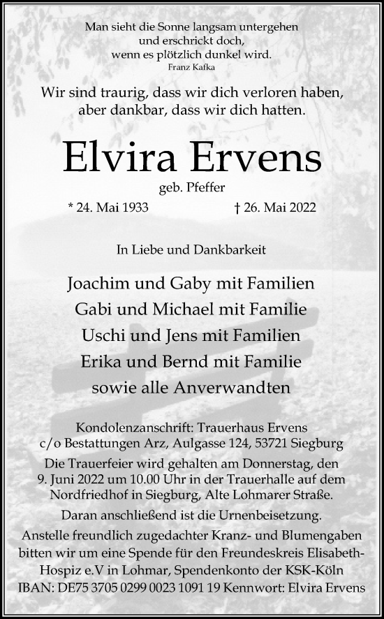 Anzeige von Elvira Ervens von Kölner Stadt-Anzeiger / Kölnische Rundschau / Express