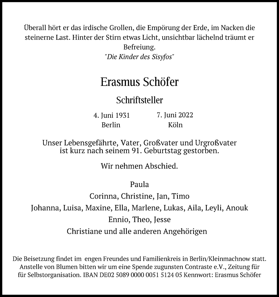  Traueranzeige für Erasmus Schöfer vom 18.06.2022 aus Kölner Stadt-Anzeiger / Kölnische Rundschau / Express
