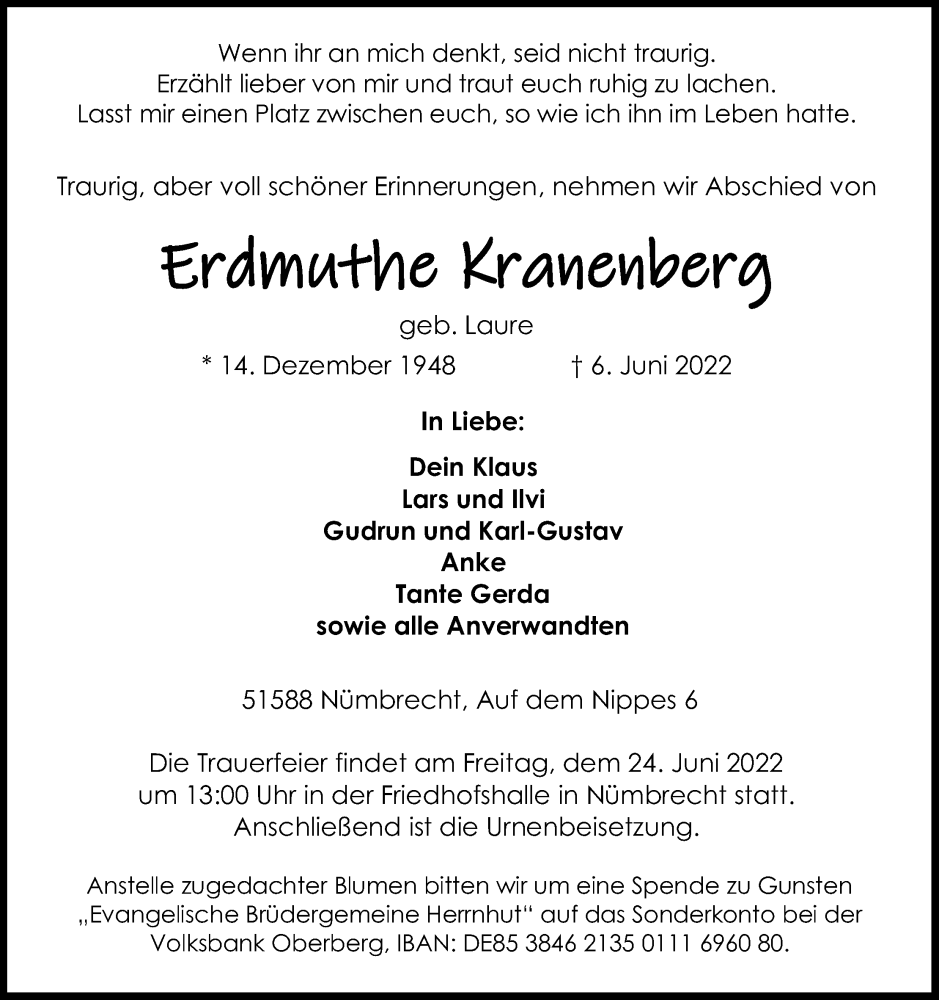  Traueranzeige für Erdmuthe Kranenberg vom 18.06.2022 aus Kölner Stadt-Anzeiger / Kölnische Rundschau / Express