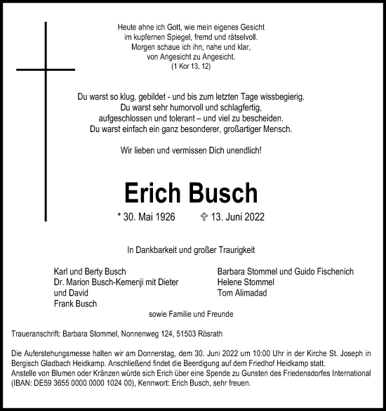 Anzeige von Erich Busch von Kölner Stadt-Anzeiger / Kölnische Rundschau / Express
