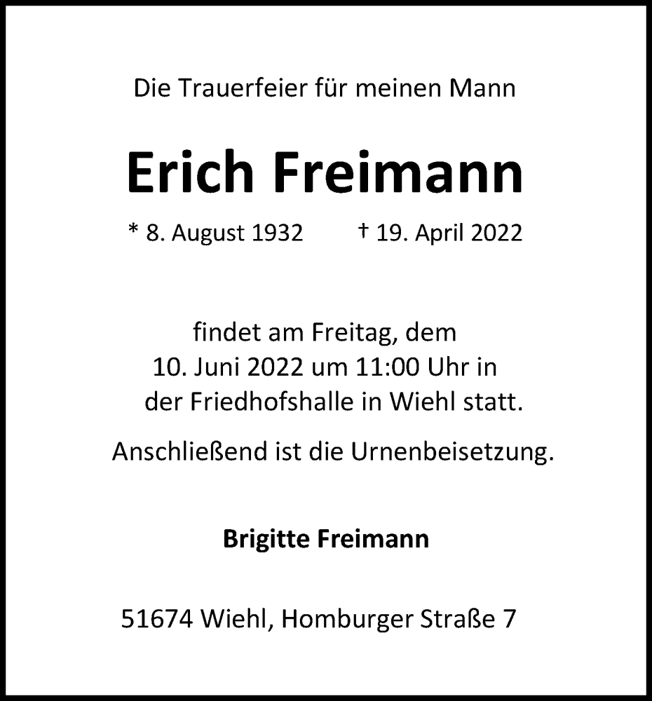  Traueranzeige für Erich Freimann vom 04.06.2022 aus Kölner Stadt-Anzeiger / Kölnische Rundschau / Express