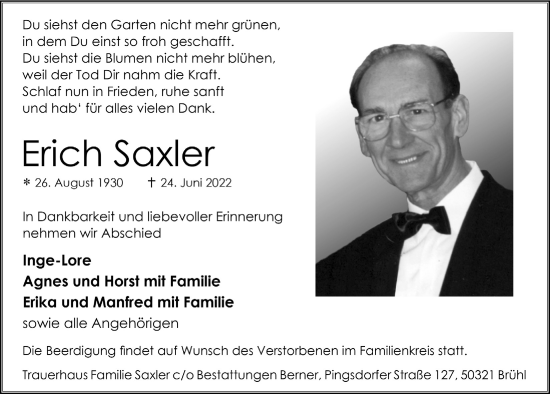 Anzeige von Erich Saxler von  Schlossbote/Werbekurier 