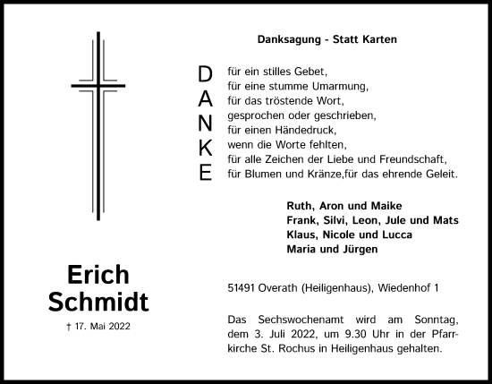 Anzeige von Erich Schmidt von Kölner Stadt-Anzeiger / Kölnische Rundschau / Express