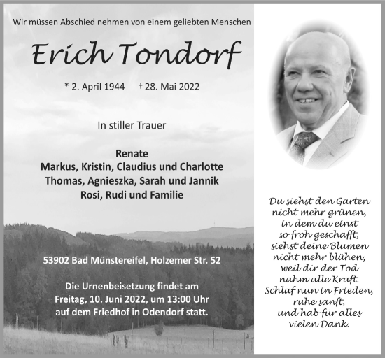 Anzeige von Erich Tondorf von  Schaufenster/Blickpunkt 