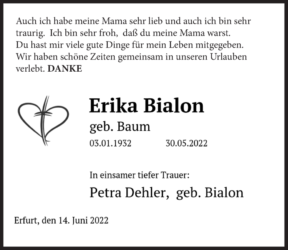  Traueranzeige für Erika Bialon vom 24.06.2022 aus  Anzeigen Echo 