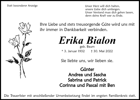 Anzeige von Erika Bialon von  Anzeigen Echo 
