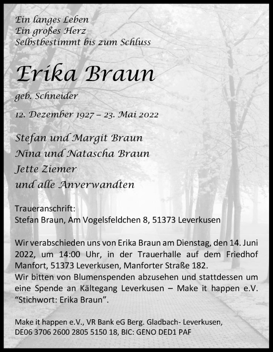 Anzeige von Erika Braun von Kölner Stadt-Anzeiger / Kölnische Rundschau / Express