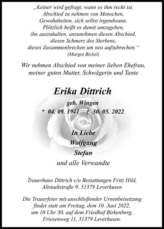 Anzeige von Erika Dittrich von Kölner Stadt-Anzeiger / Kölnische Rundschau / Express