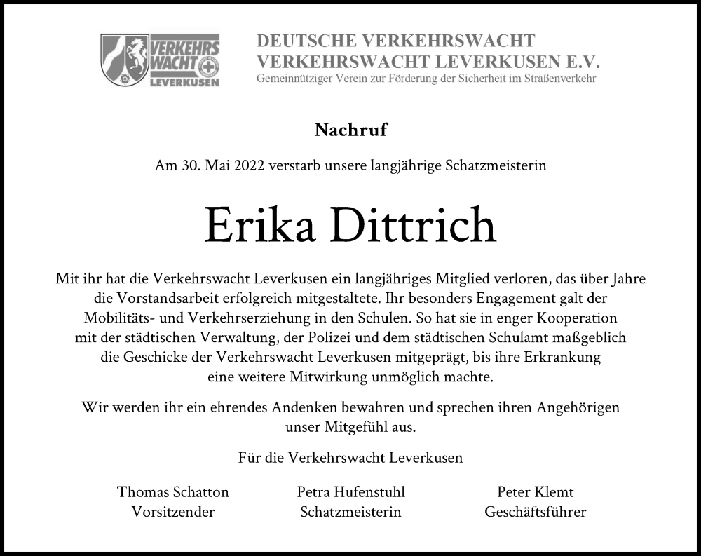  Traueranzeige für Erika Dittrich vom 10.06.2022 aus Kölner Stadt-Anzeiger / Kölnische Rundschau / Express
