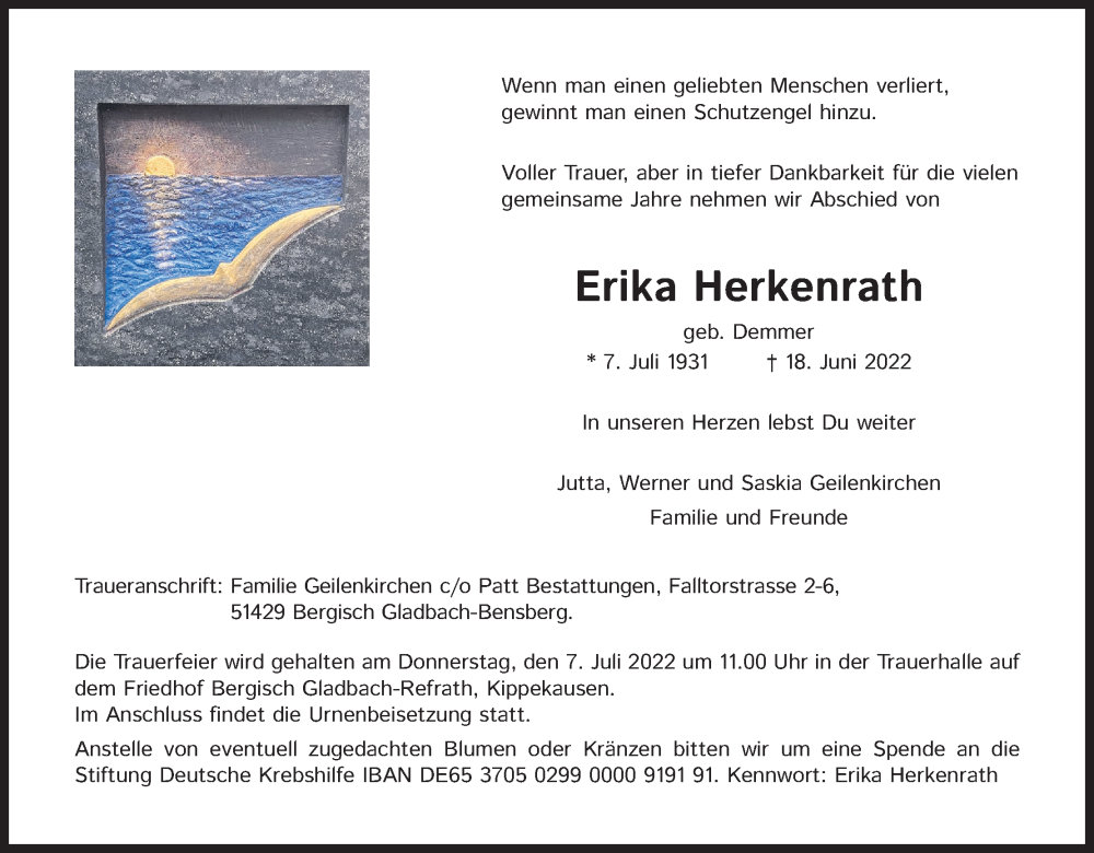  Traueranzeige für Erika Herkenrath vom 25.06.2022 aus Kölner Stadt-Anzeiger / Kölnische Rundschau / Express