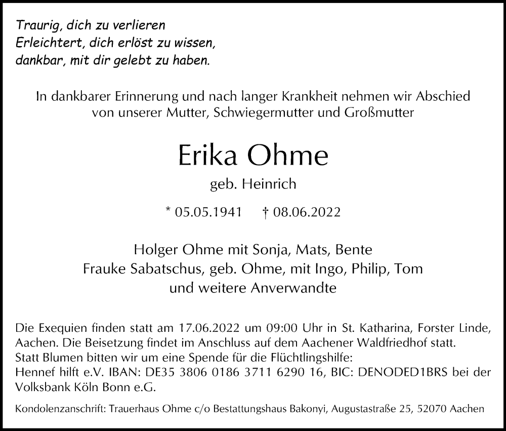  Traueranzeige für Erika Ohme vom 11.06.2022 aus Kölner Stadt-Anzeiger / Kölnische Rundschau / Express