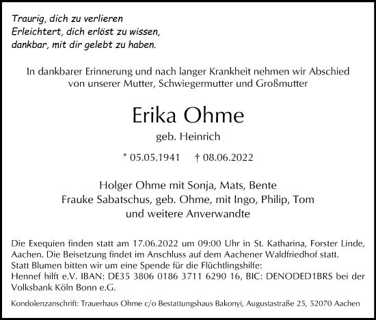 Anzeige von Erika Ohme von Kölner Stadt-Anzeiger / Kölnische Rundschau / Express