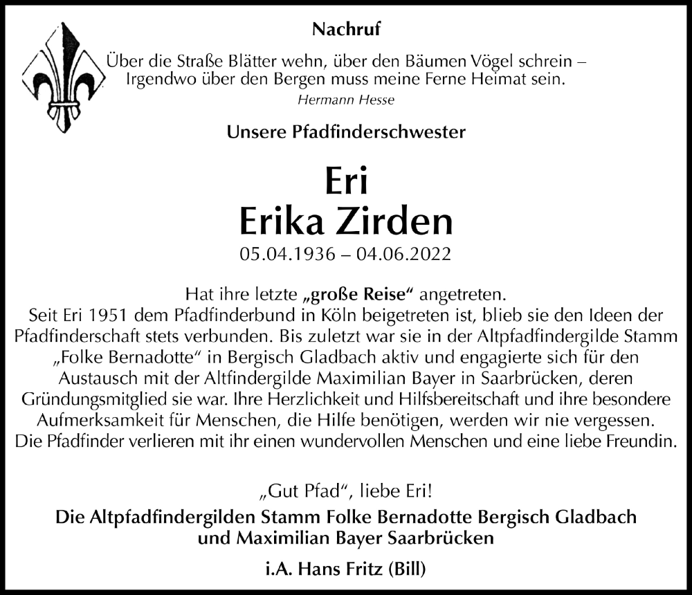  Traueranzeige für Erika Zirden vom 24.06.2022 aus  Bergisches Handelsblatt 