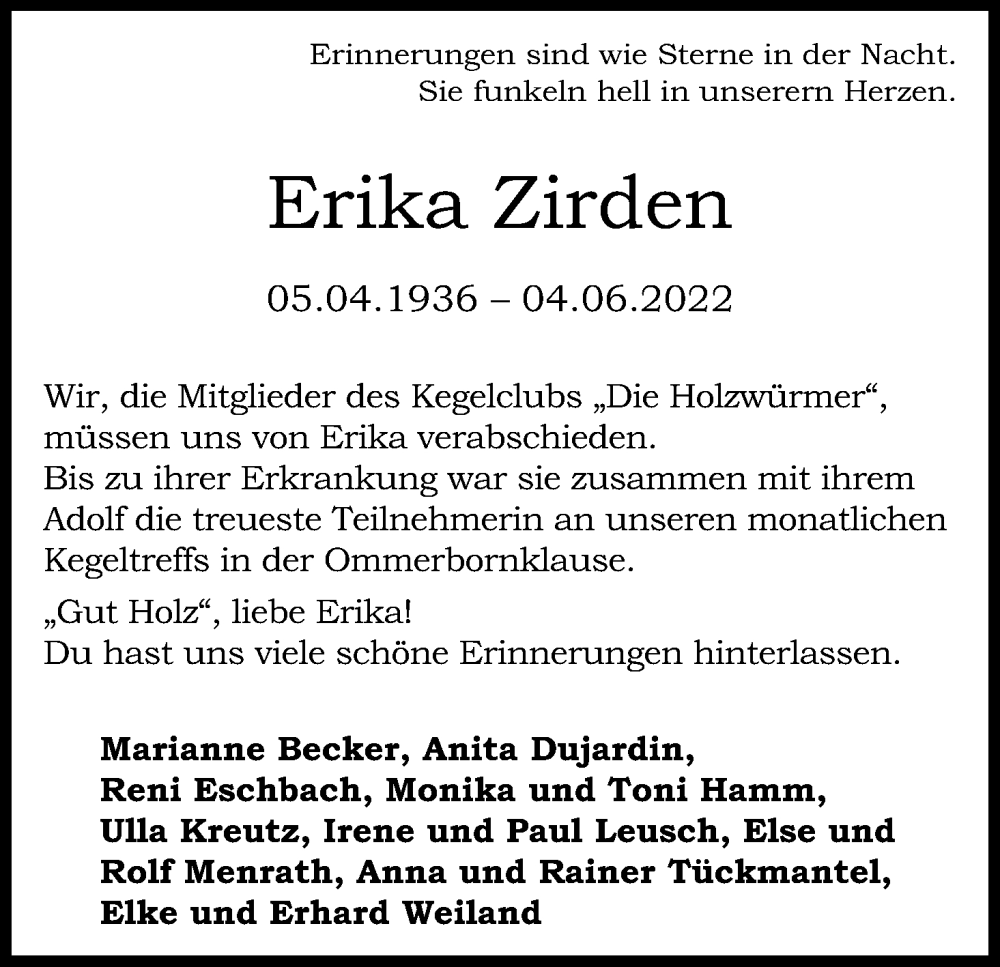  Traueranzeige für Erika Zirden vom 18.06.2022 aus Kölner Stadt-Anzeiger / Kölnische Rundschau / Express