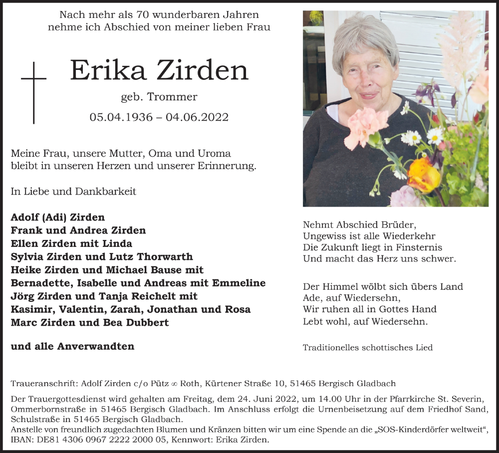  Traueranzeige für Erika Zirden vom 17.06.2022 aus  Bergisches Handelsblatt 