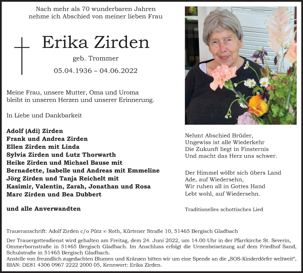  Traueranzeige für Erika Zirden vom 18.06.2022 aus Kölner Stadt-Anzeiger / Kölnische Rundschau / Express
