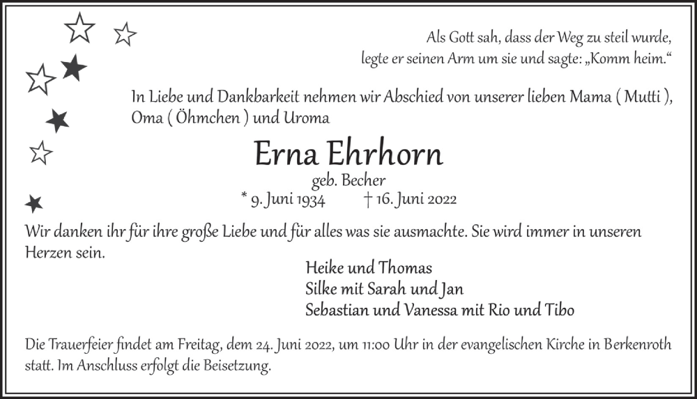  Traueranzeige für Erna Ehrkorn vom 24.06.2022 aus  Lokalanzeiger 