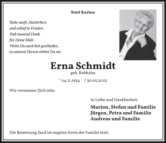 Anzeige von Erna Schmidt von  Werbepost 