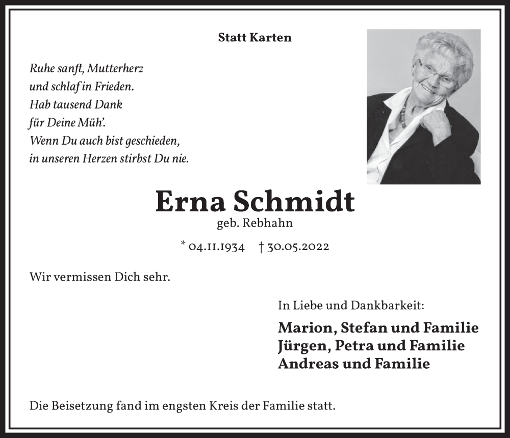  Traueranzeige für Erna Schmidt vom 01.07.2022 aus  Werbepost 