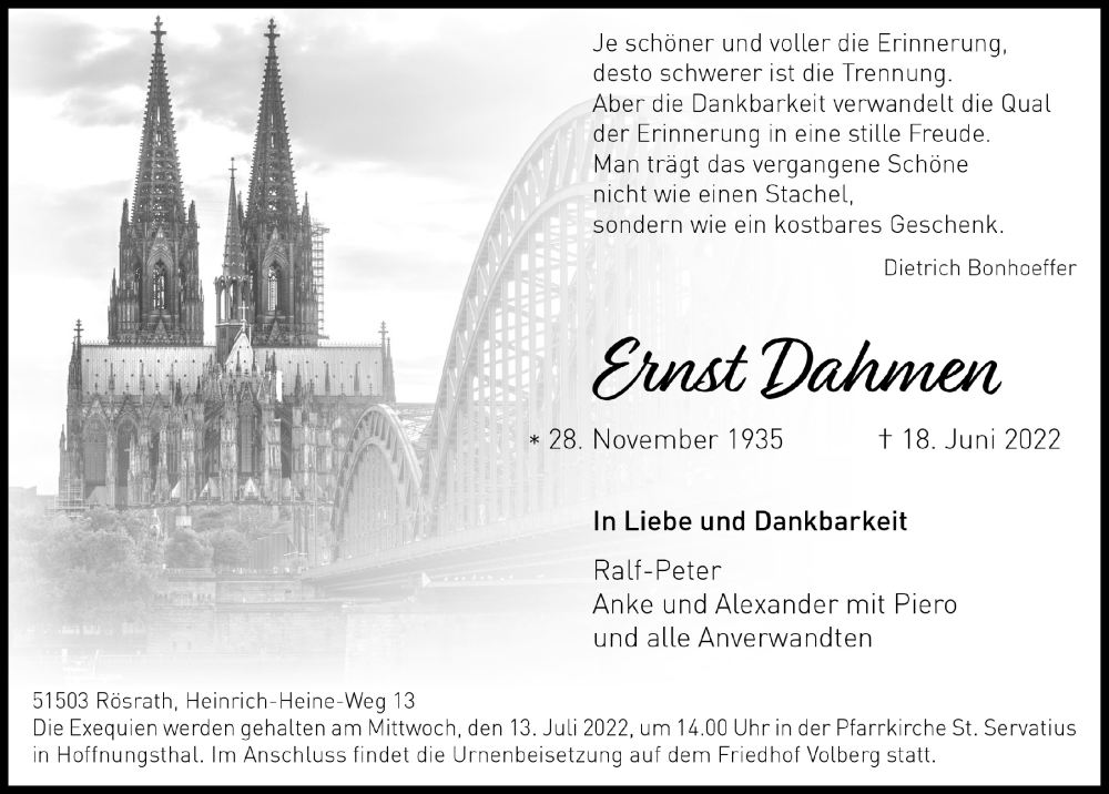  Traueranzeige für Ernst Dahmen vom 24.06.2022 aus  Bergisches Handelsblatt 