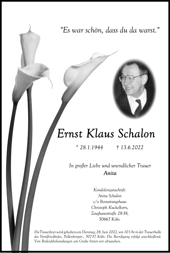 Anzeige von Ernst Klaus Schalon von Kölner Stadt-Anzeiger / Kölnische Rundschau / Express