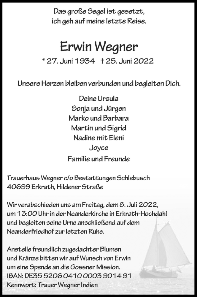  Traueranzeige für Erwin Wegner vom 01.07.2022 aus Kölner Stadt-Anzeiger / Kölnische Rundschau / Express