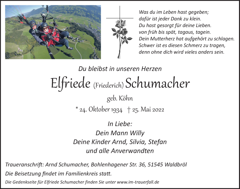  Traueranzeige für Etfiiede Schumacher vom 03.06.2022 aus  Lokalanzeiger 
