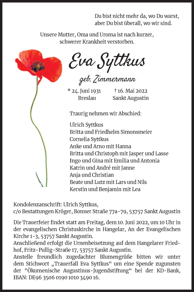  Traueranzeige für Eva Syttkus vom 04.06.2022 aus Kölner Stadt-Anzeiger / Kölnische Rundschau / Express