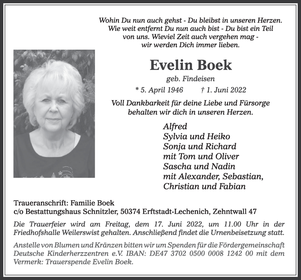  Traueranzeige für Evelin Boek vom 10.06.2022 aus  Werbepost 