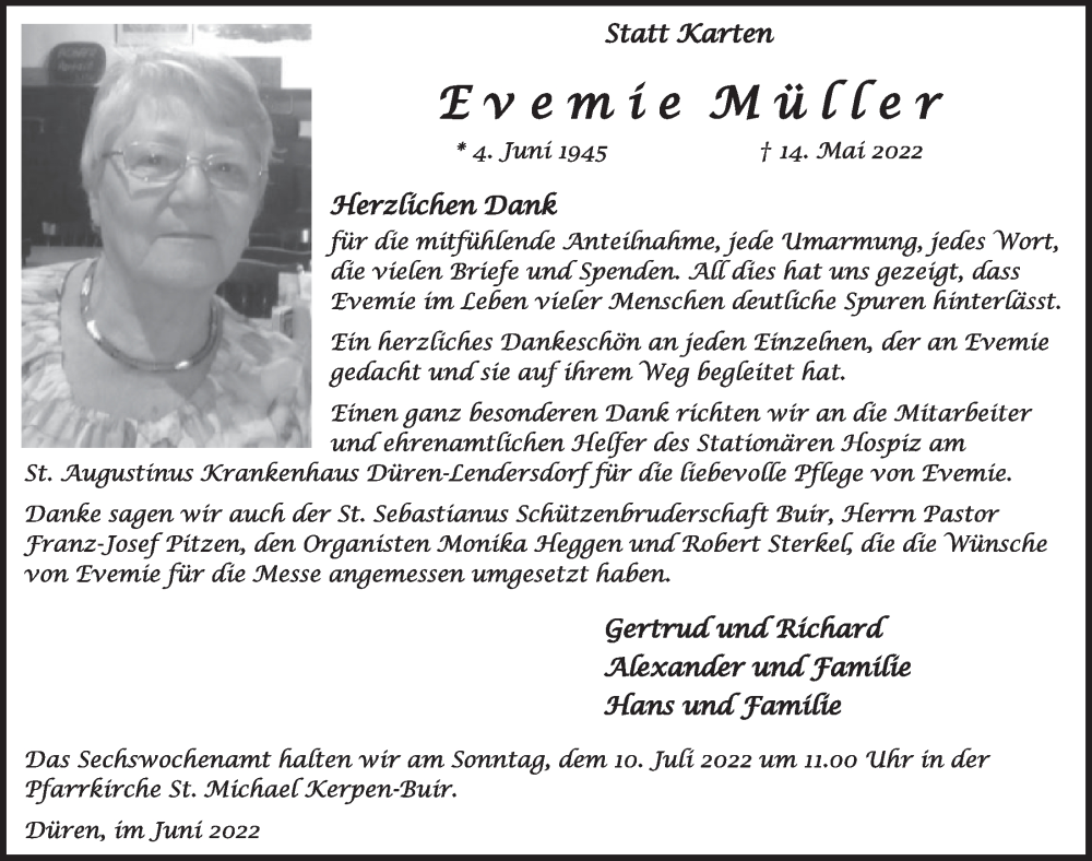  Traueranzeige für Evemie Müller vom 01.07.2022 aus  Werbepost 