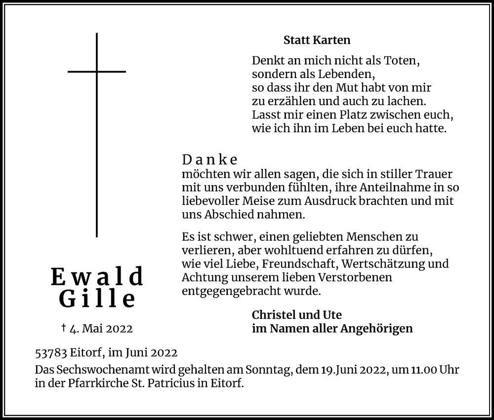  Traueranzeige für Ewald Gille vom 04.06.2022 aus Kölner Stadt-Anzeiger / Kölnische Rundschau / Express